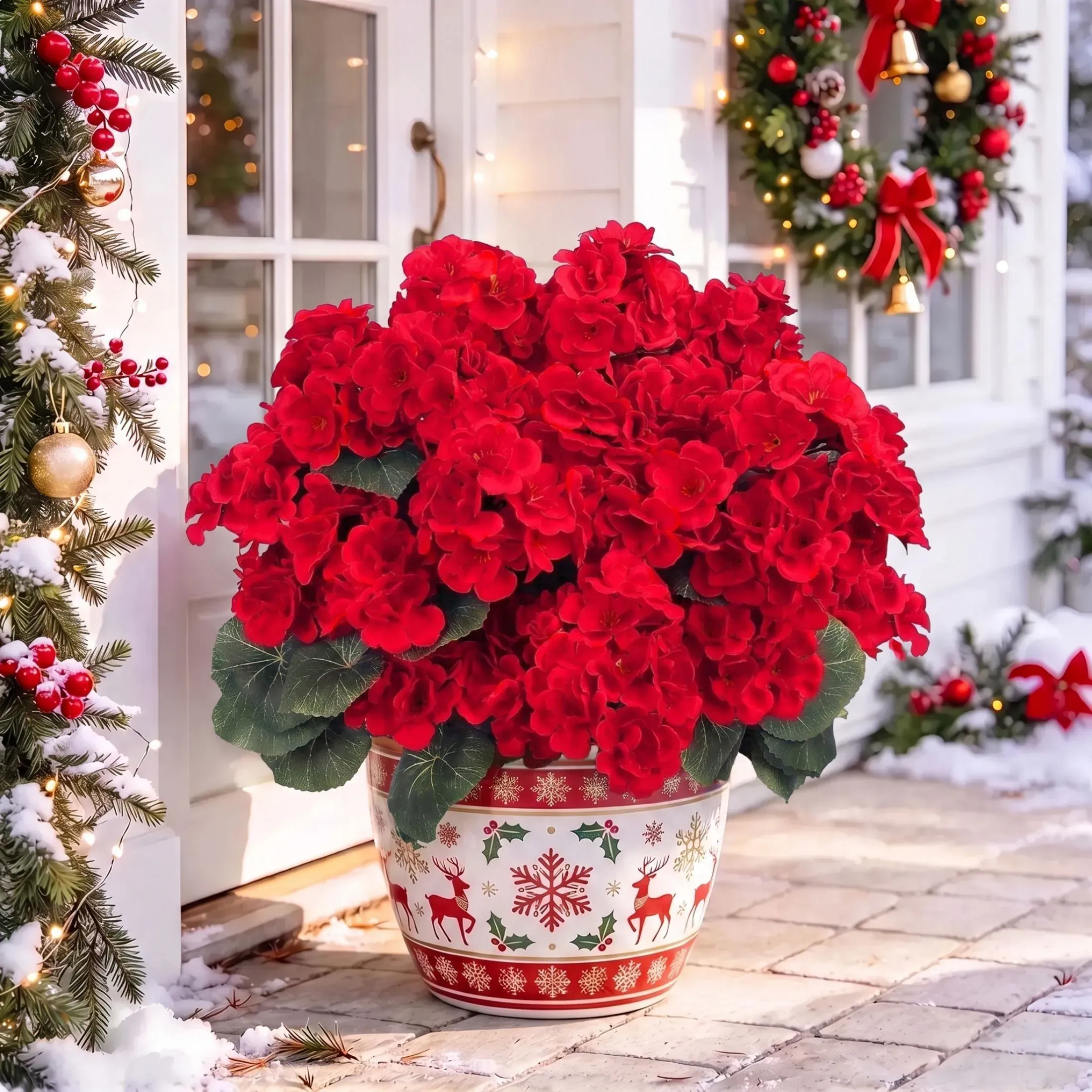 Christmas Fake Geraniums Flowers Outdoor, 6 Bundles 21'' Artificial Silk Flowers Faux Christmas (2-Pack)