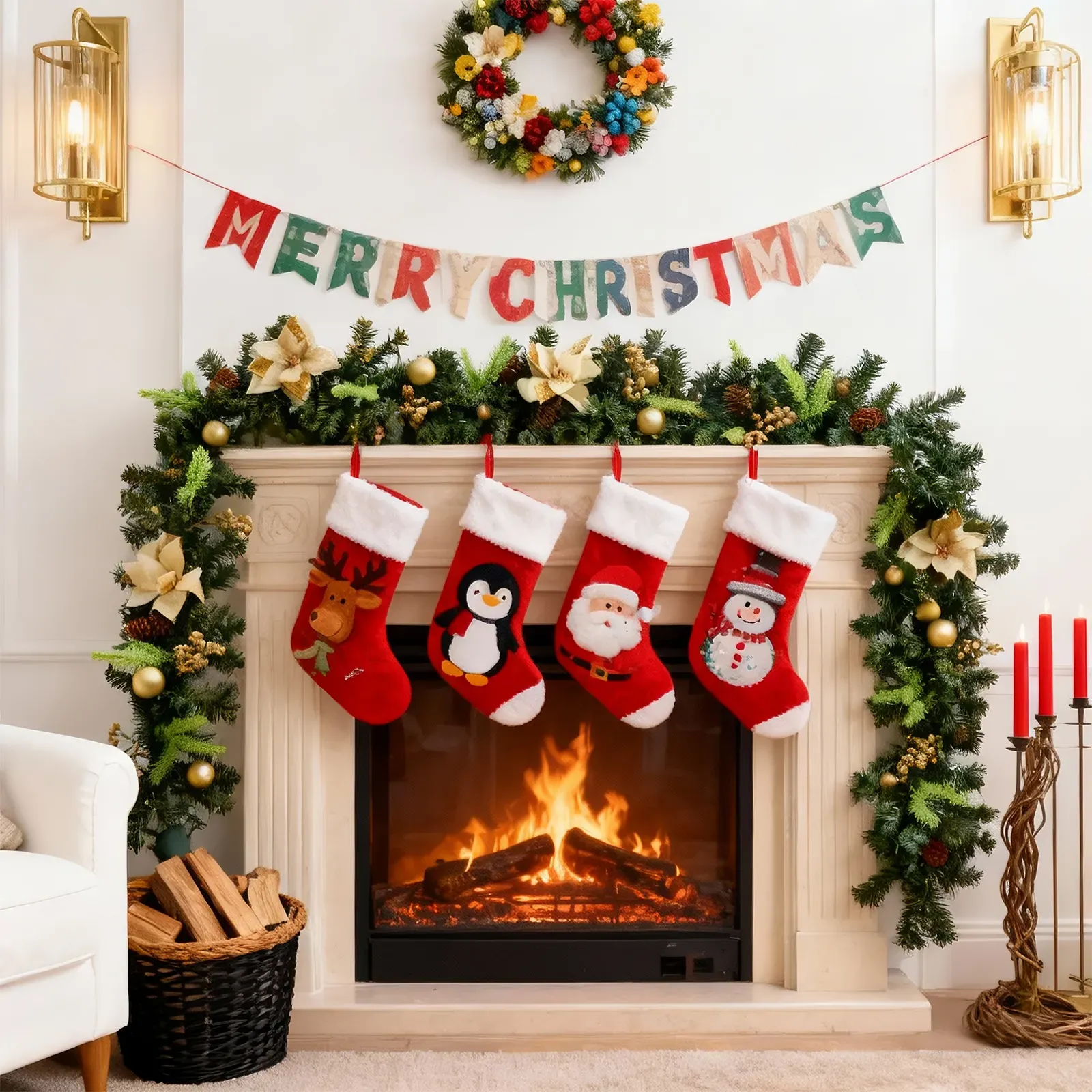 9ft Pre-Lit Christmas Garland with 50 LED String Lights Battery Operated, 260 Tips, Golden Flower (2-Pack)